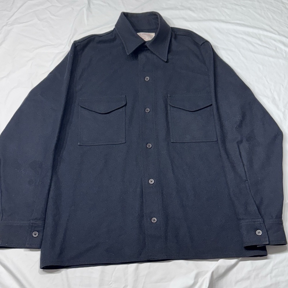Filson Seattle 100% Wool‎ Jacket Shirt Mens L-XL Long Navy/Black| Made in USA
